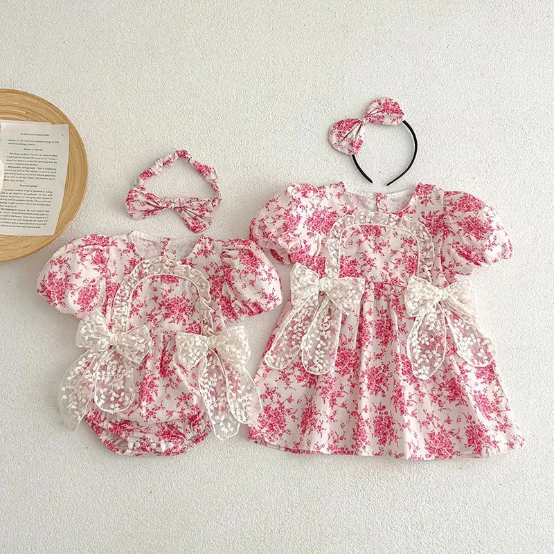 Girls nate estate Rompers Cotton Floral Short Short Bodysuit Broder Lace Broder Boder Toddler Girl Dress 240329