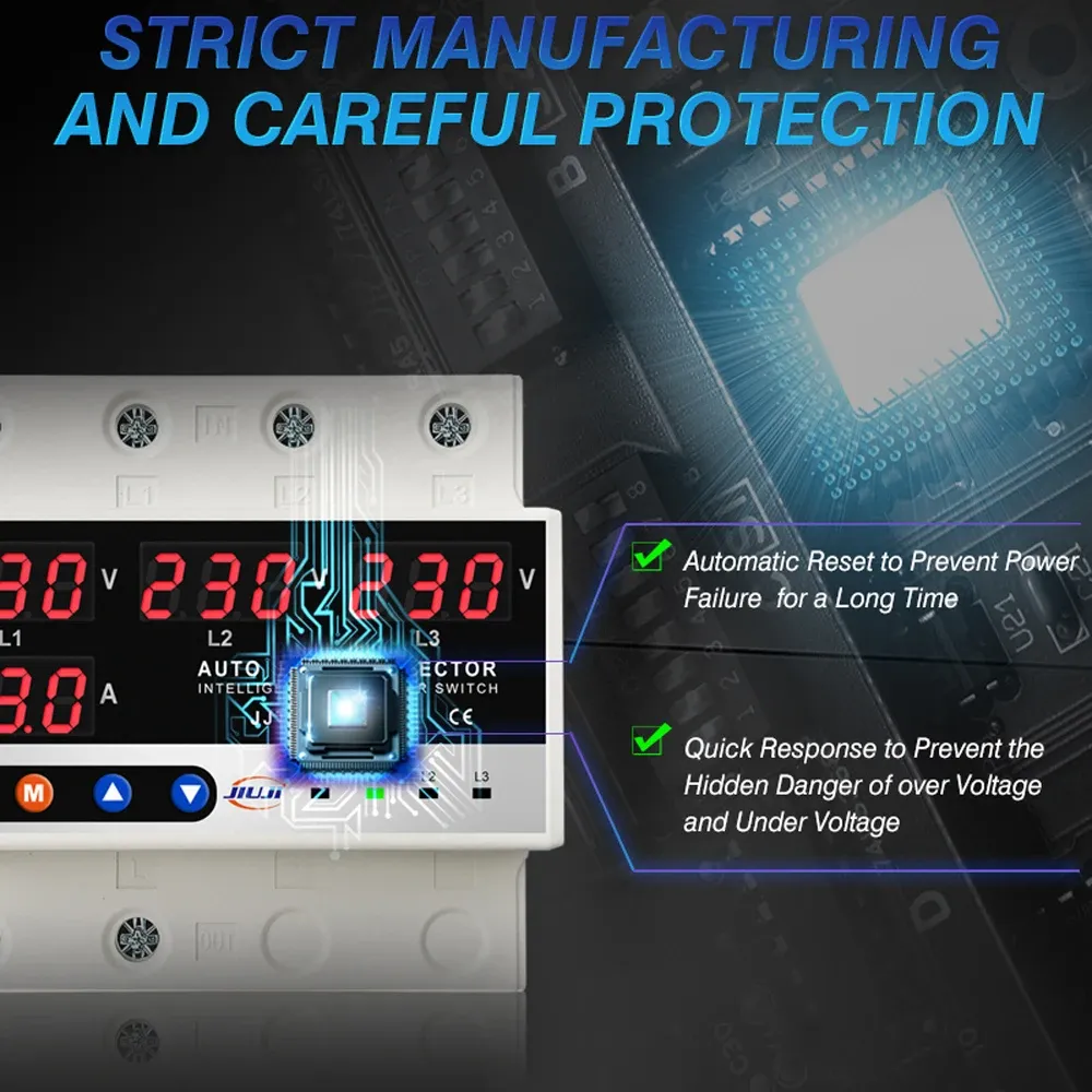 3P Protetor de tensão digital Display Corrente Dispositivo de proteção de tensão ajustável com função automática de comutação de fase