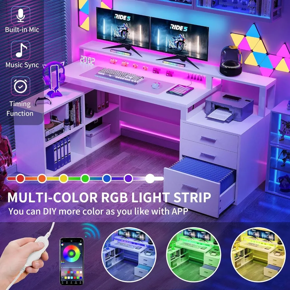 L Shaped Computer Desk with Power Outlets and LED Lights, 65 in Corner Desk  with 3 Drawers and 4 Storage Shelves, White from Dhgate Other Furniture -  price 547.39, image size:1000x1000