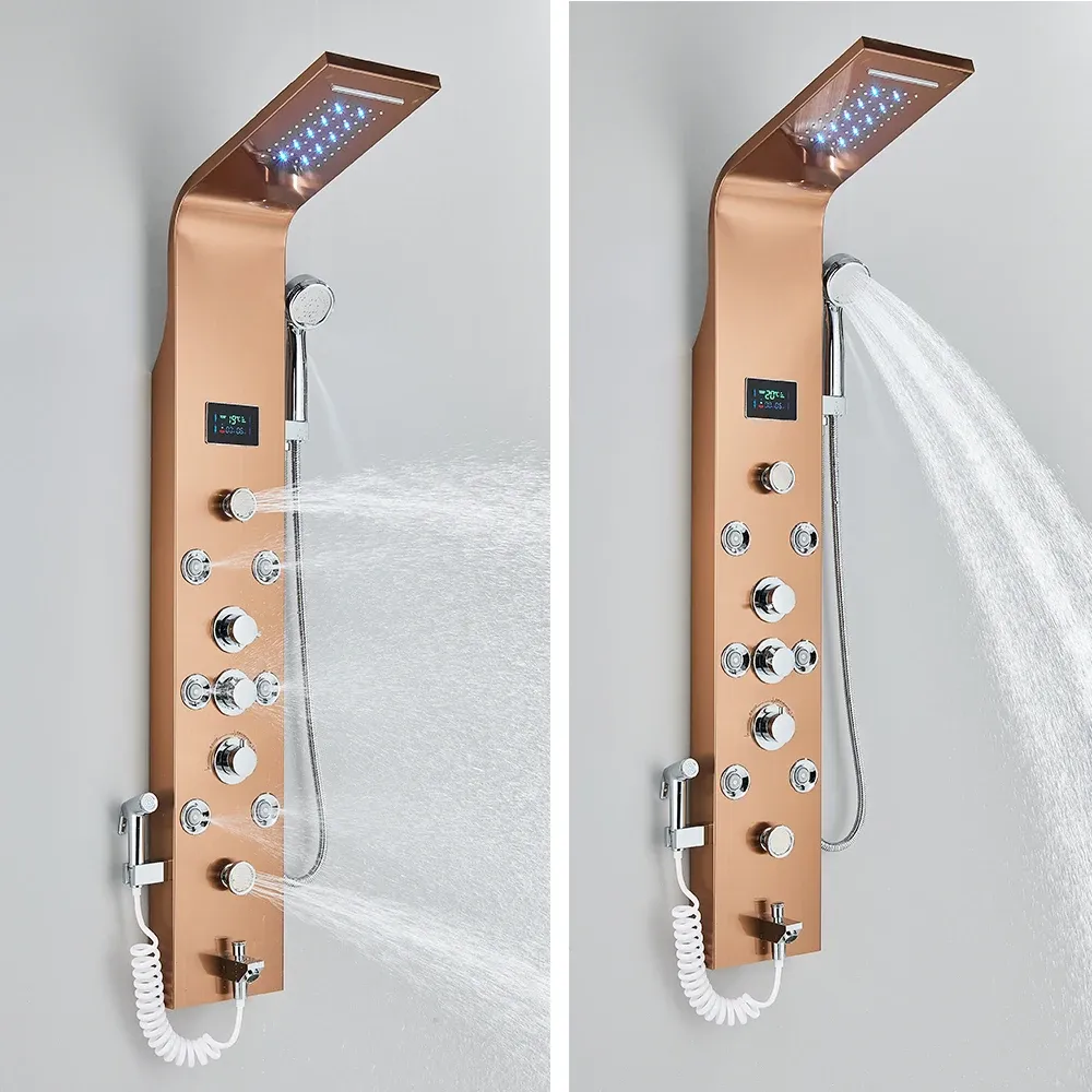 LED -Badezimmer Duschpanel 6 Modi Intelligente LCD -Duschsäule Roségold Regen Wasserfall Badesysteme mit Massage Jet Mixer Tap