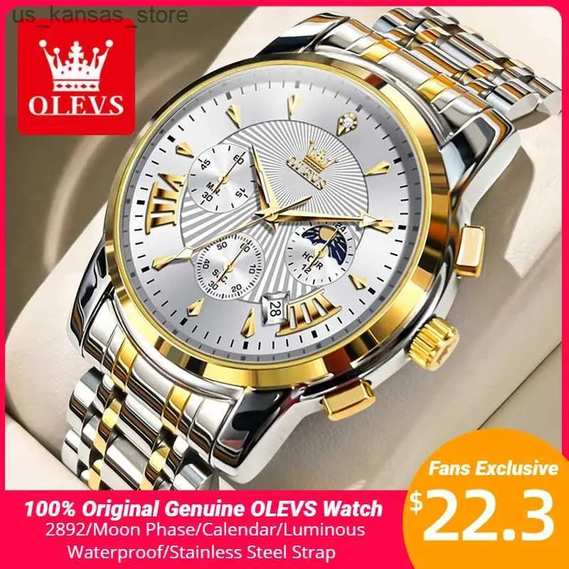 Wristwatches OLEVS Luxury Brand Original Quartz for Men Stainless Steel Waterproof Wrist Moon Phase Auto Date Mens es240409