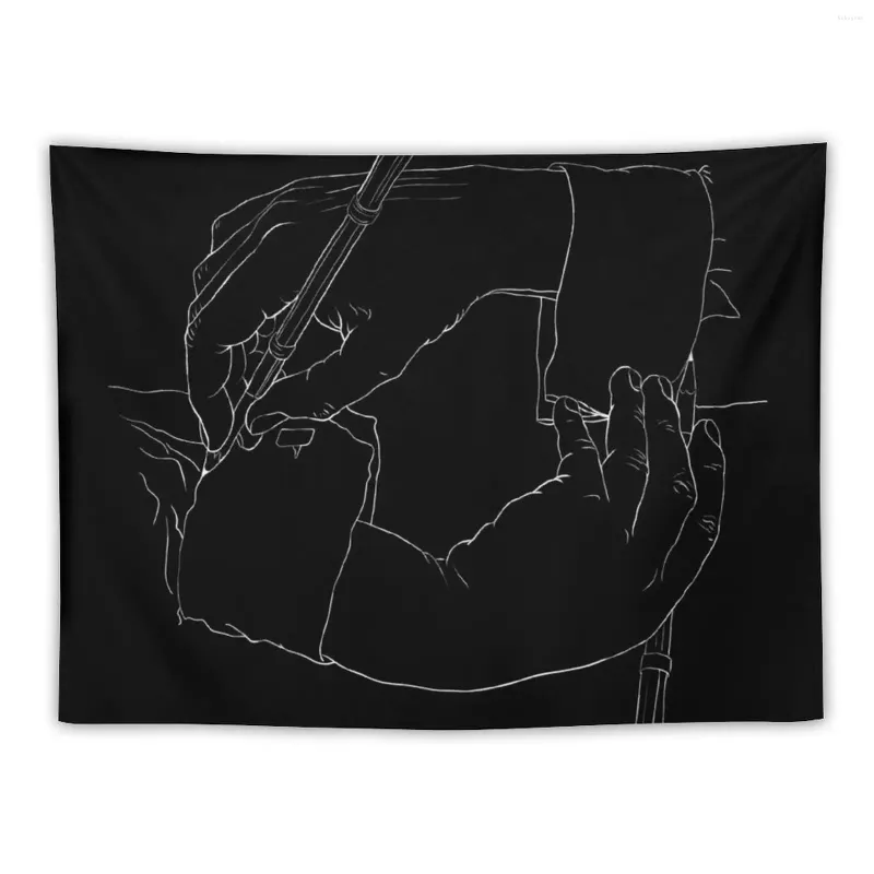 Taquestres desenhando as mãos (preto) - Arte de linha da decoração de tapeçaria de Escher para a parede do quarto pendurado