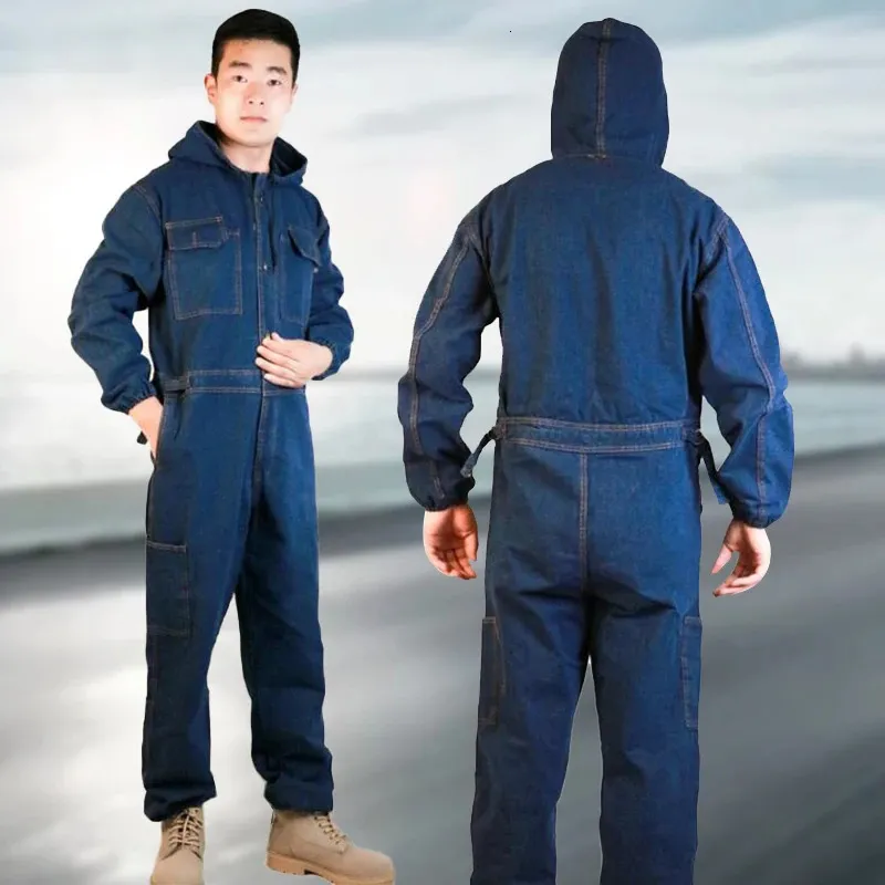 Unisex overaller denim förtjockar jeans jumpsuit huva dammsäker anti-fouling övergripande arbetsliten lastbyxor s-4xl 240409