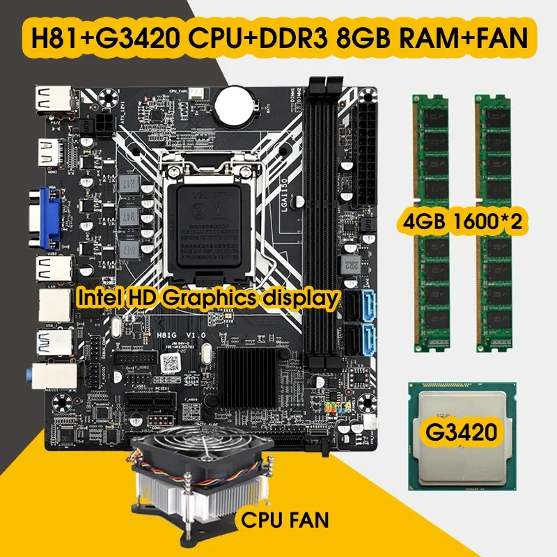 Материнские платы H81 Motherboard LGA 1150 Комплект комплекта с процессором Pentium G3420 DDR3 8GB (2*4GB) 1600 МГц ОЗУ памяти и вентилятора процессора