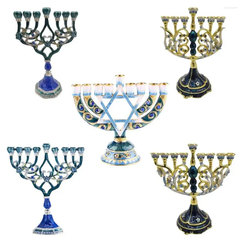 Kandelhouders handgeschilderde Judaica Candlestick met Menorah Geometric Style Classic Decoration for Home Centerpieces