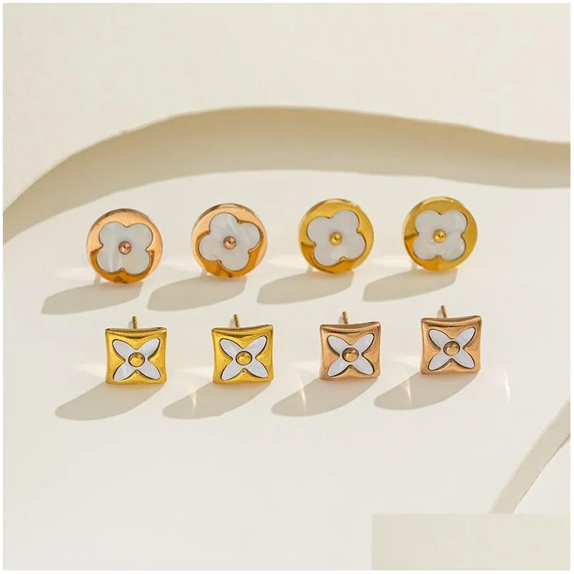 Stud Womens Stainless Steel Clover Earrings White Black Pearl Geometry Aretes 4 Leaf Mother Brincos Luxury Designer Earring Earings Ea Otkuy