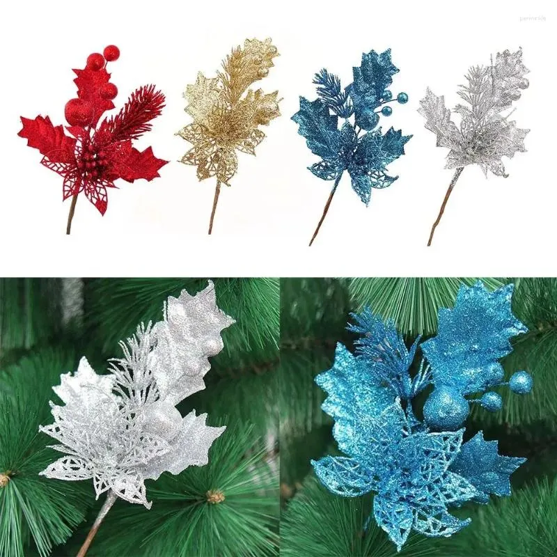 Fleurs décoratives PVC Branches de pin artificielles artisanat durable creux de feuilles de Noël simulées racine de simulation de paillettes