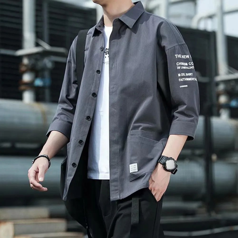 Japanese Style Casual Jacket Men Summer Loose Shirt Men's Japanese Style Casual Cargo Shirt Coat with Turn-down Collar Three