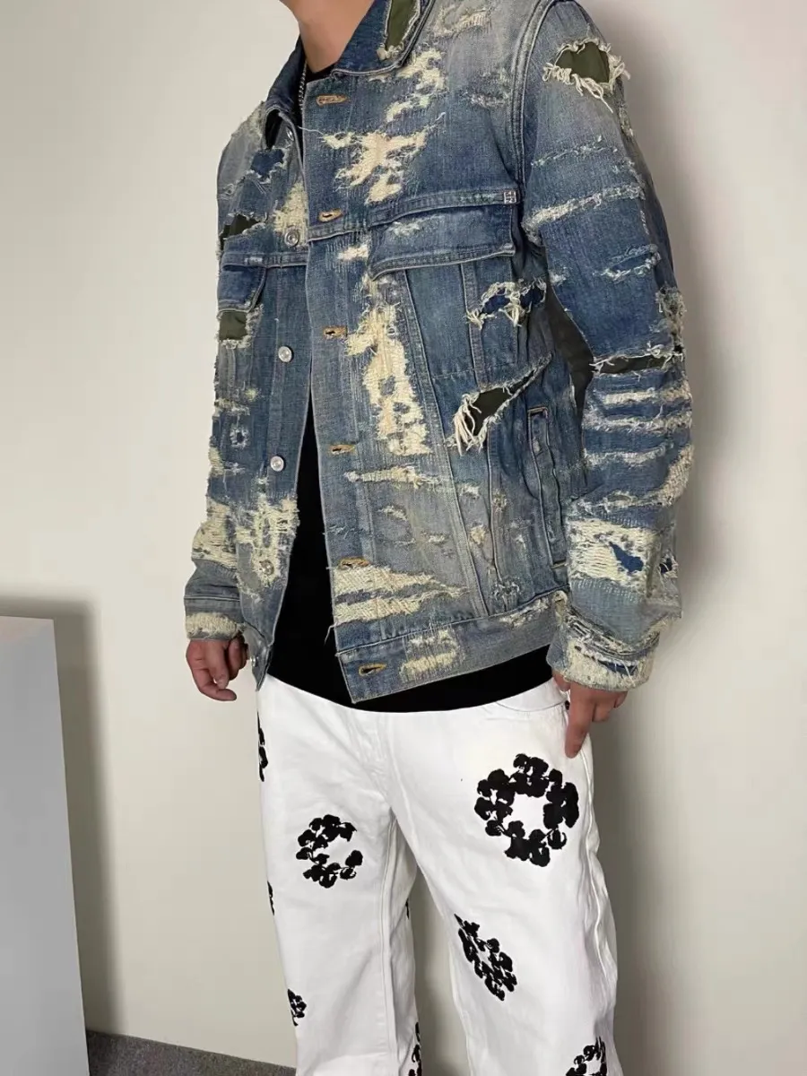 Giacca di jeans 21fw giacche fatte a mano uomini da donna Burnt boro multi -tasca giacche lavate con lacrime collage usate da uomo da uomo da donna da uomo 2024