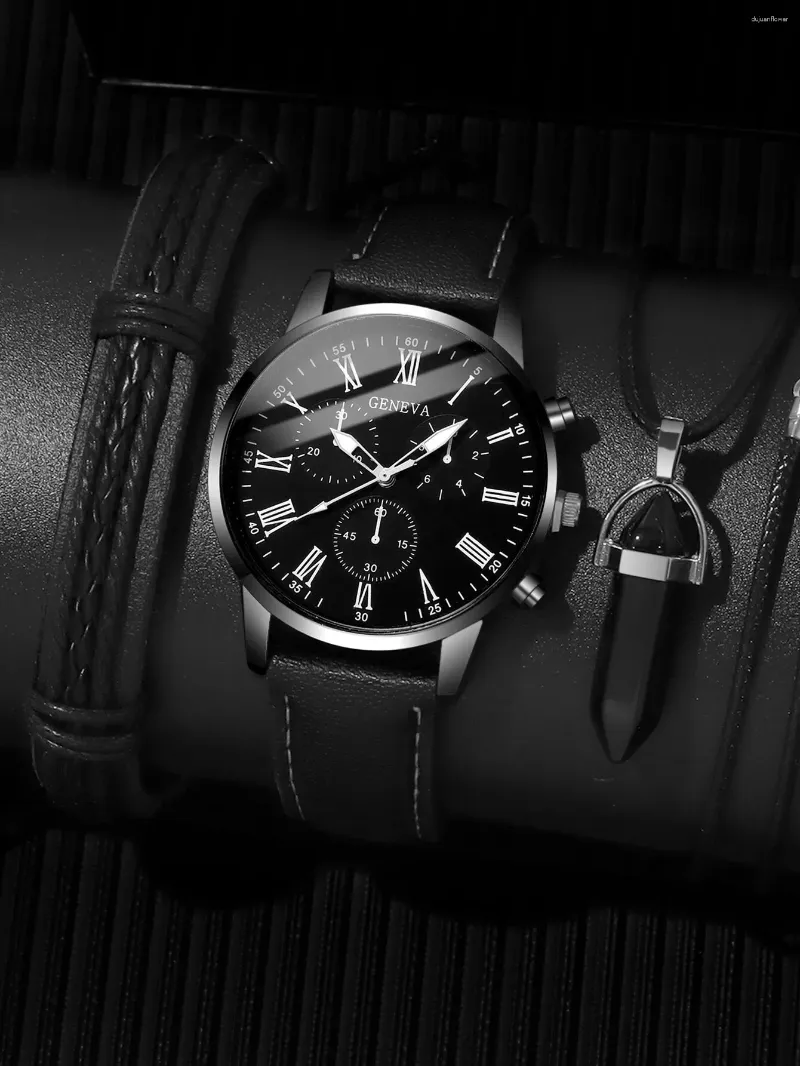 Wristwatches 3PCs Fashion Business Casual Men's Belt Quartz Watch With PU Leather Woven Bracelet Necklace Combination Set