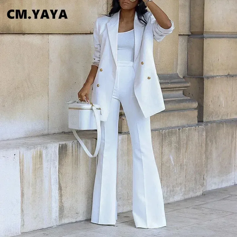 CMYAYA BASIC ELEGANT WOMENS Tracksuit Double Breasted Blazer und gerade Flare Hosenanzug anpassen zwei 2 -teilige Outfits 240329