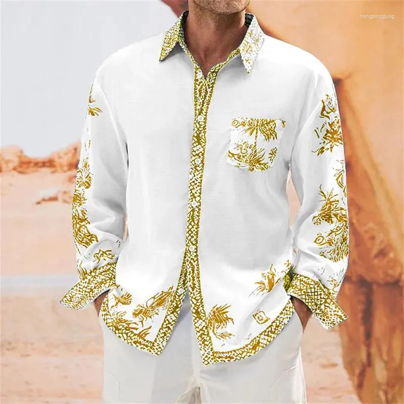 Herren-Casual-Shirts Gold Muster Druck 8-Farben luxuriöser und bequemer Bambusfaser-Baumwollkanten-Knopf-Shirts.