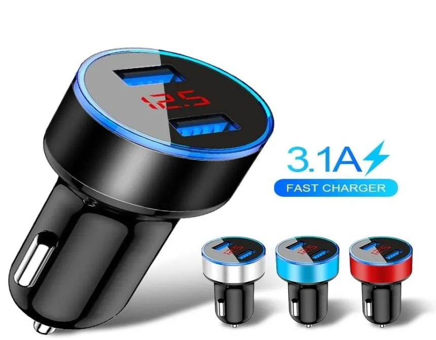 31A LED Display Dual USB Car Charger för Samsung Universal Mobile Telefon Aluminium Car Phone Charger för Xiaomi Phone GPS Charger F2224630