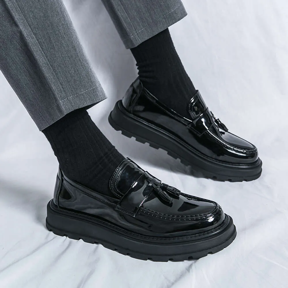 Fashion épais Bottom Men's Business Business Patent Le cuir en cuir Slip-On Tassel Bureau d'étudiant Boads Chaussures Black Kerae