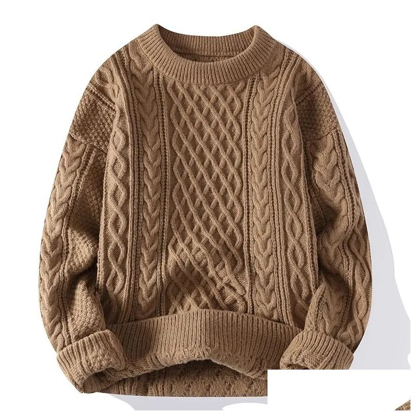 Pullages pour hommes Hiver Men de torsion vintage Sweater rond Couleur de coues solide mâle ajusté Poux en tricot lâche Harajuku rétro Mticolors Drop Deli DH8VN