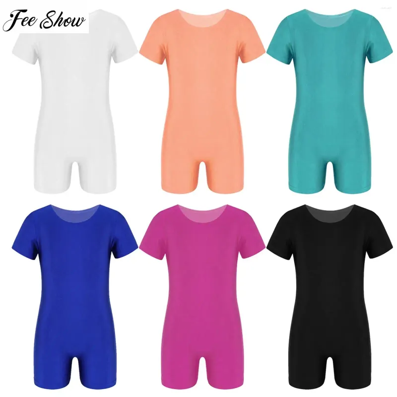 Stage Wear Kids Boys Girls Gymnastics Leotard Short Sleeves Solid Color Stretchy Ballet Dance Jumpsuit Unitard Biketard Dancewear