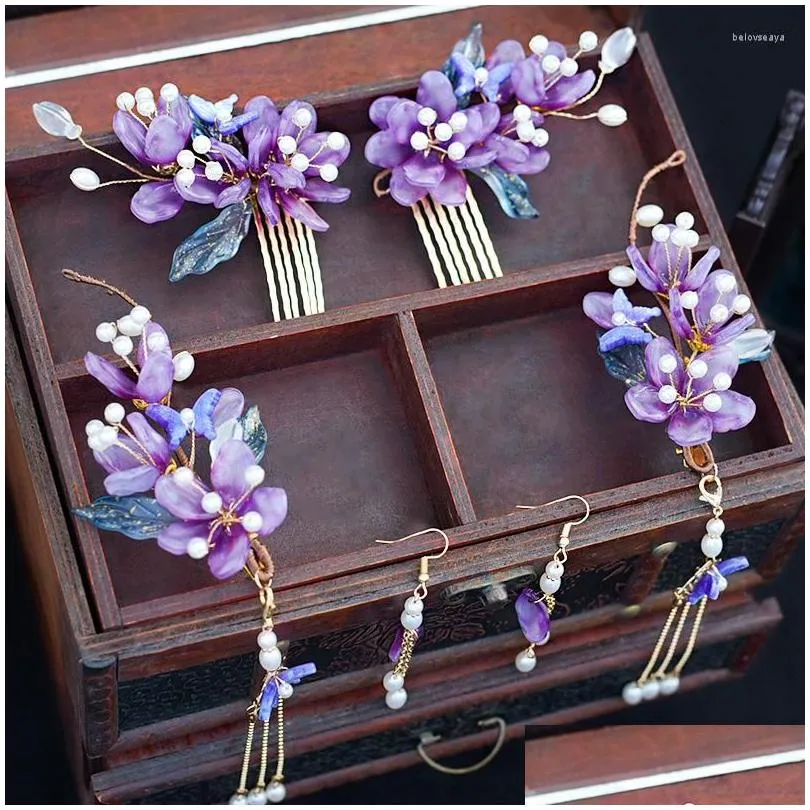 Hair Clips Antique Purple Headwear Hairpin Glazed Flower Tassel Side Comb Fairy Step Shake Chinese Women Accessories