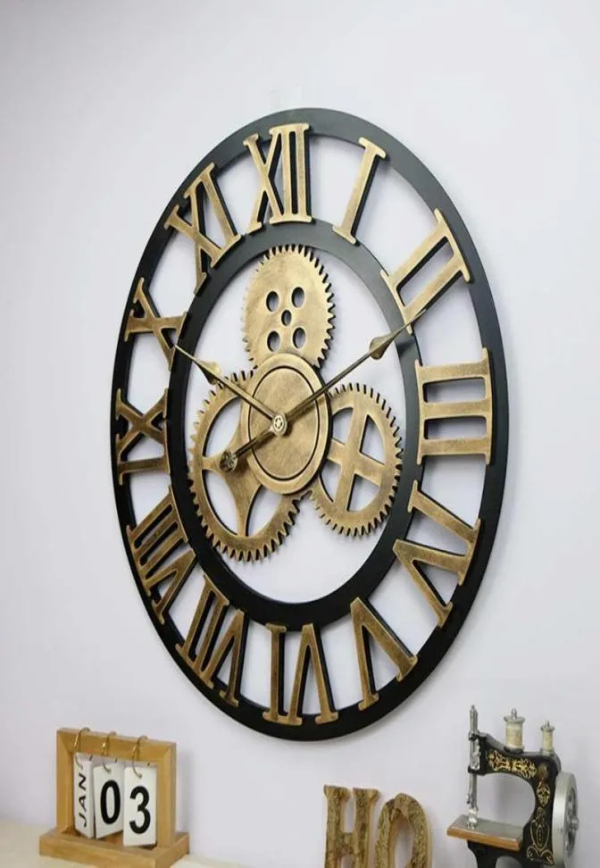60 cm 3D retrò industriale grande cronometro orologio da parete rustico in legno arte di lusso vintage per la decorazione per uffici per la decorazione di case orologi 7249614