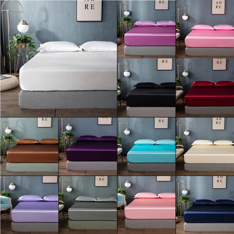 Satin Rayon Fitted Sheet High-End Madrass Cover Solid Color Bedlese Elastic Band Twin Full Queen King Bed Sheet 240408