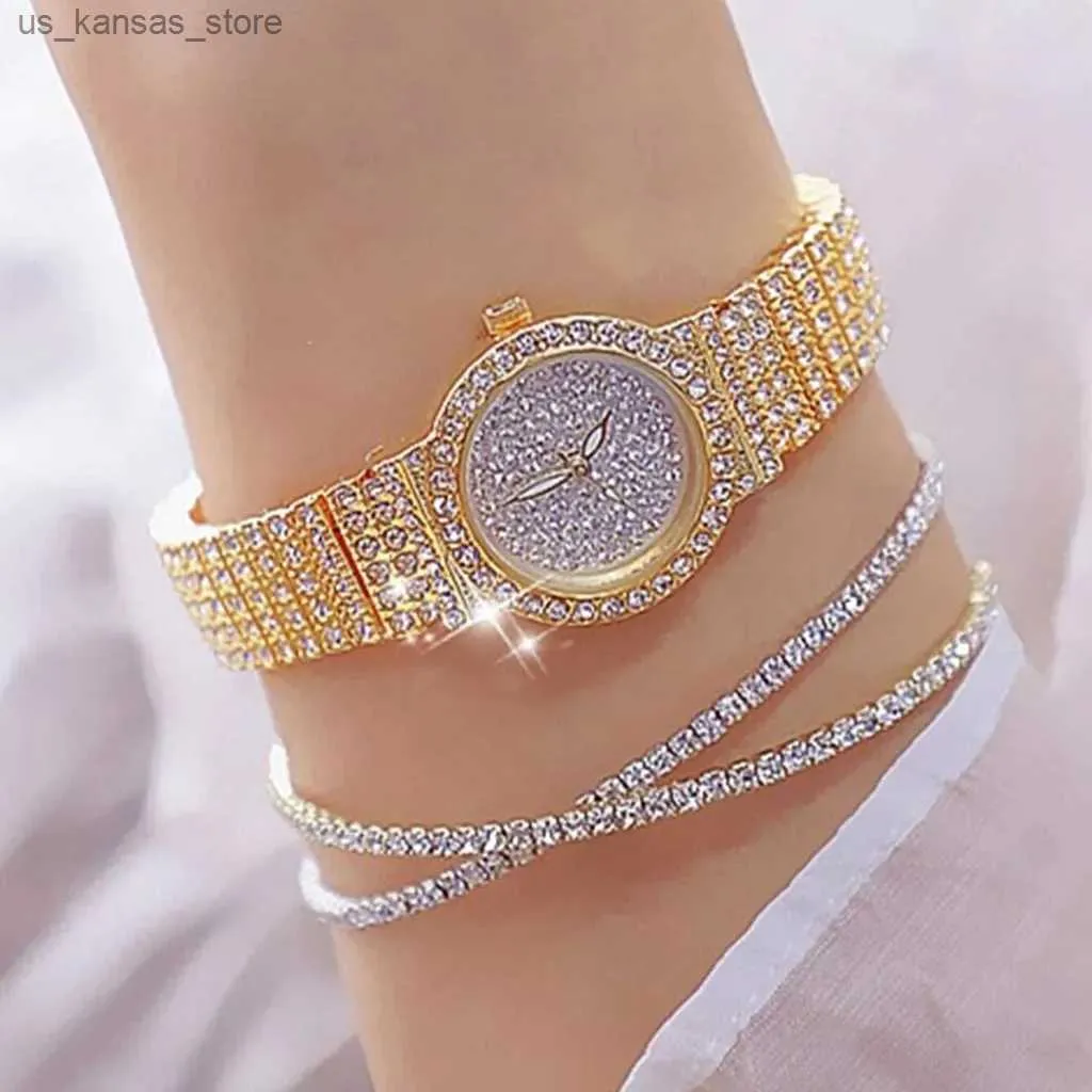 Mujeres de pulsera 3pcs ES Set Fashion Rhinestone Women Luxury Crystal Gold Gold Quartz Ladies Wrist Reloj240409