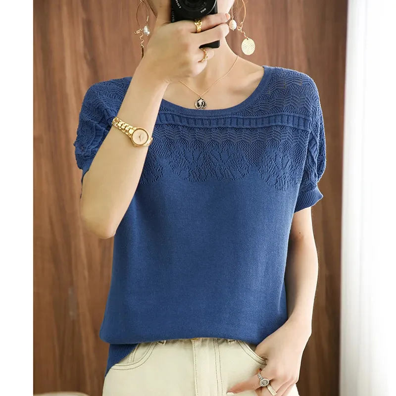 Tshirt womens summer round neck sweater casual top loose solid color pullover large size cotton short slee 240409