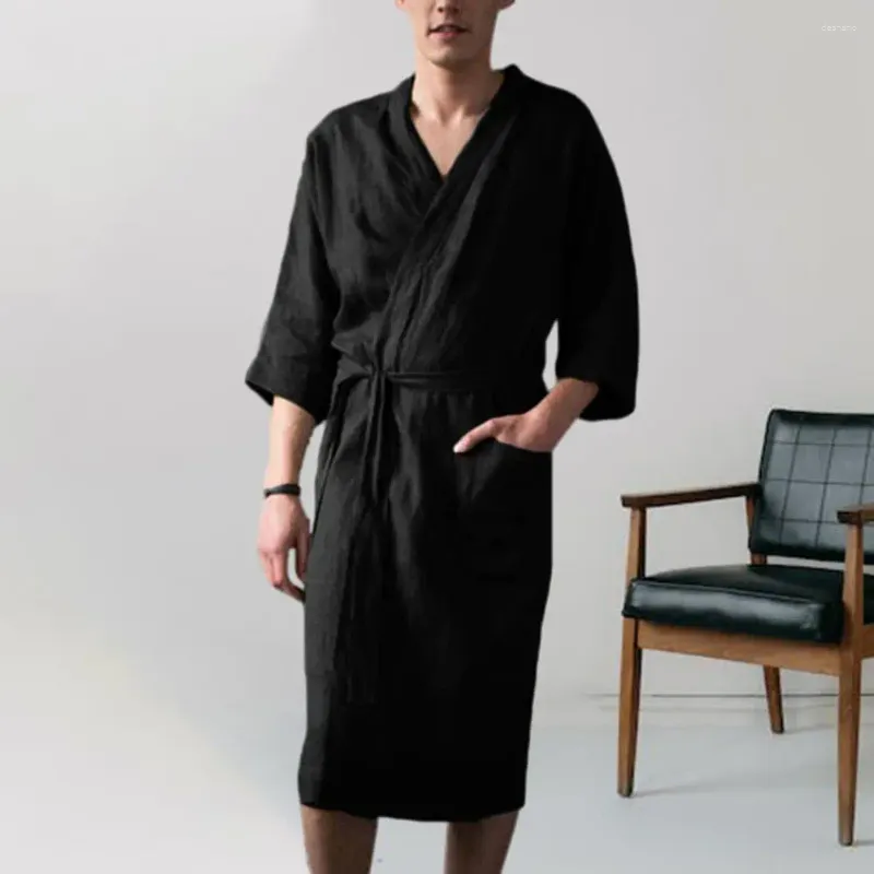 Home Clothing Men Nightgown Bath Robe Soft Water Absorption Lace Up Cardigan Sleepwear Three Quarter Sleeves Loose Bathrobe