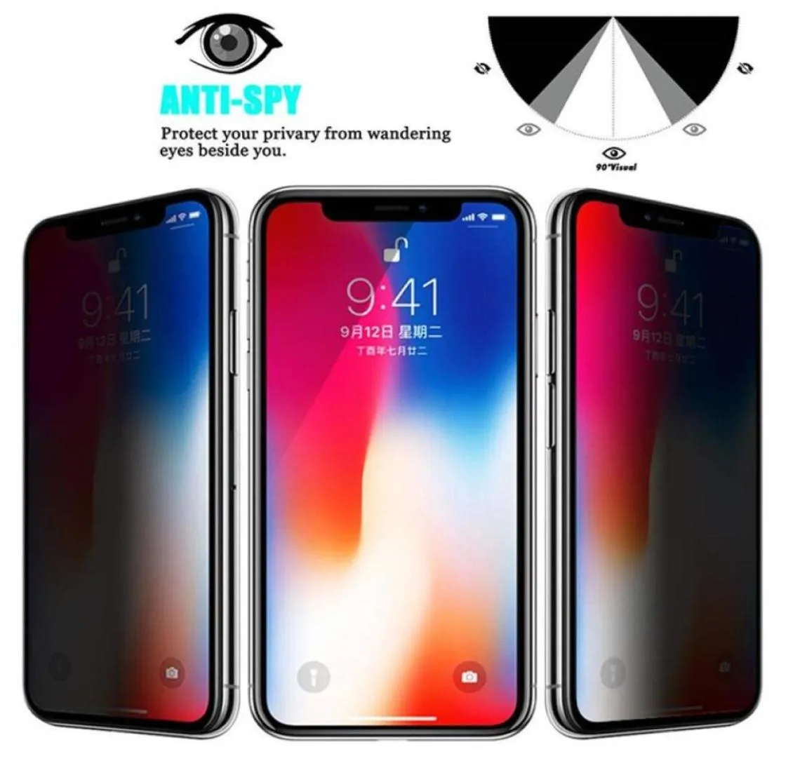 2 Pack 1 mycket fullt omslag Intemperaterad filmglasskydd för iPhone 12 11 Pro Max XR XS 7 8 Plus Antispy Screen 9D 9H HA7172106