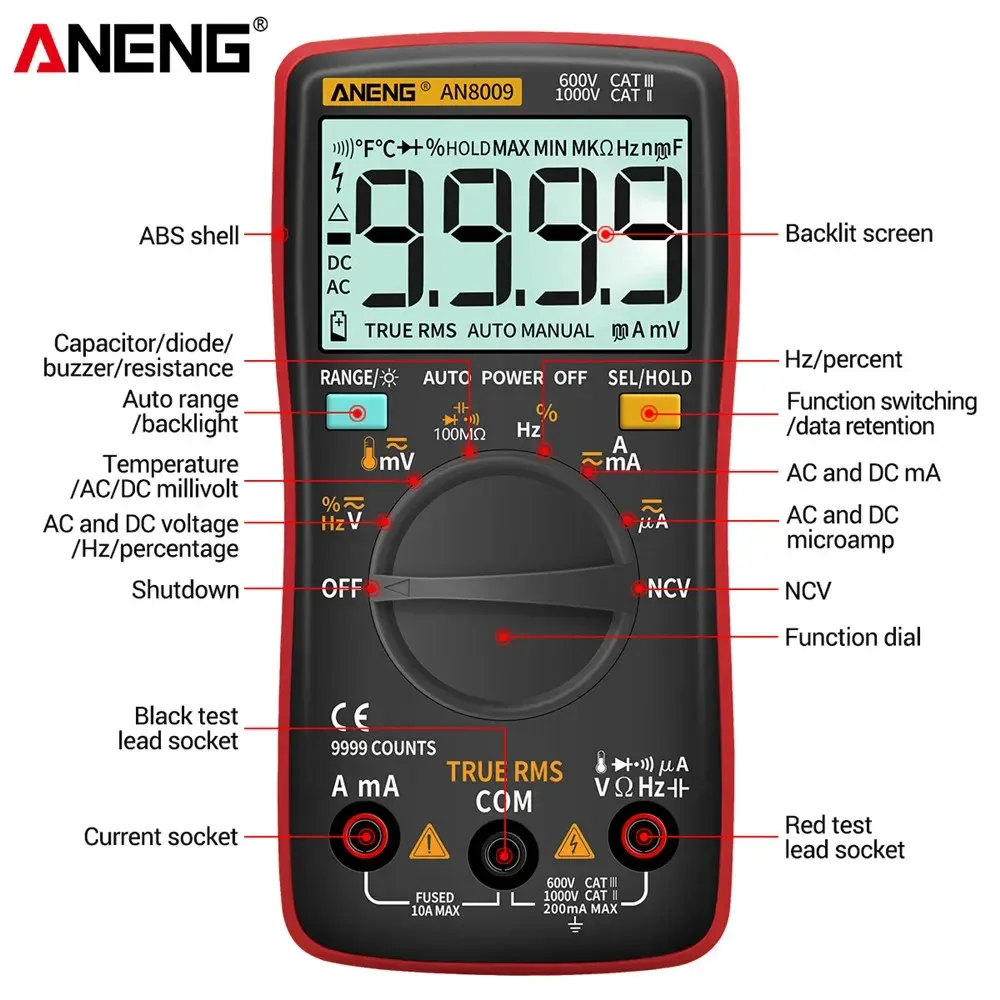 ANENG AN8009デジタルマルチメータートランジスタテスターコンデンサトゥルーRMSテスター自動車電気静電容量メーター温度ダイオード