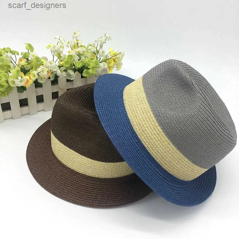 Geniş Memlu Şapkalar Kova Şapkaları Yaz Erkekler Hasır Şapka Kontrast Hem Panama Jazz Top Hat UV-P-Plaj Plajı Büyük Brim Güneş Şapk İngiliz Stil Beyaz Siyah Şapka 2023 Y240409