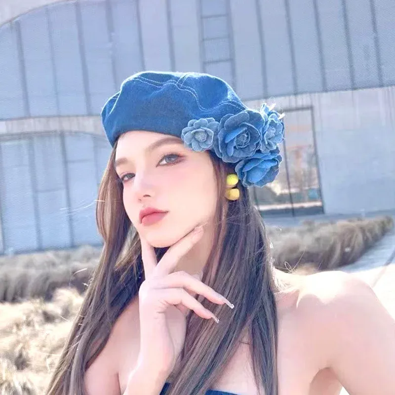 Blue Camellia Floral Denim Beret Octagonal Japanese Fabric  display picture 3