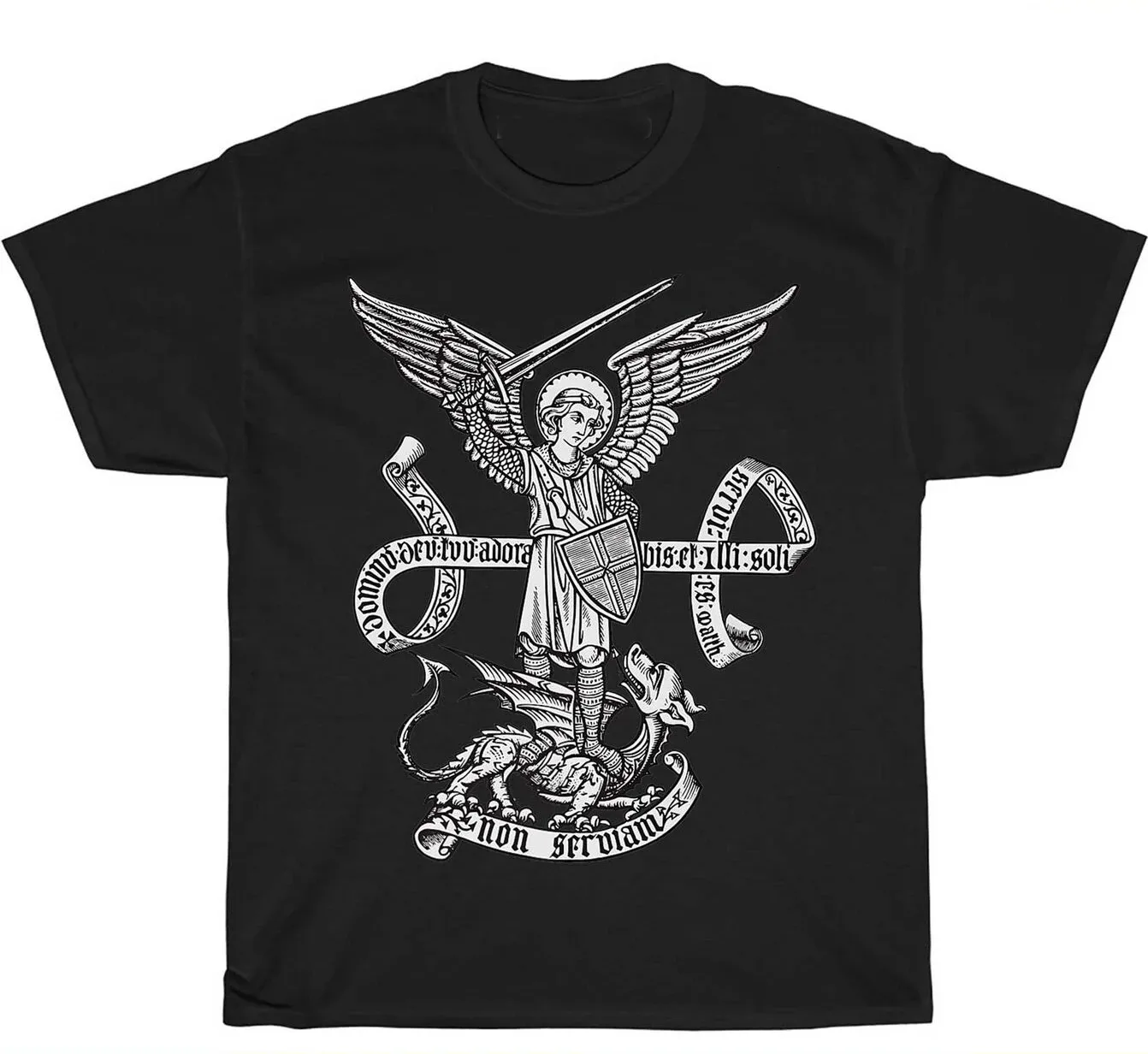 カトリック天使は私たちを守る大天使セントマイケルTシャツ夏コットン半袖メンズTシャツS3XL 240409