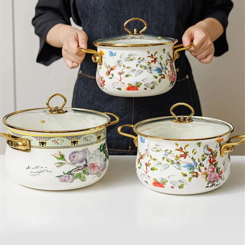 Enamel Floral Saucepan 1500ml With Glass Lid | Small Cooking Pot For Milk, Soup, Ramen & Sauces, Works On Induction & Gas Stoves