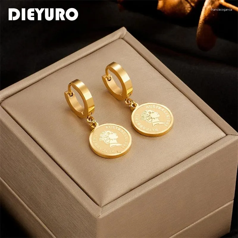 Hoop Earrings DIEYURO 316L Stainless Steel Round Portrait Coin For Women Vintage Gold Color Girls Party Jewelry Gifts