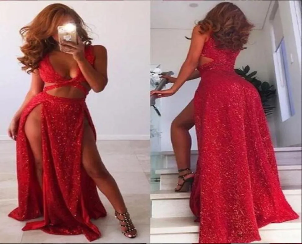 Red Sequin V Neck Sexy Black Girls Prom Dresses Long Split Front African Evening Formal Dresses 2019 Vestidos De Fiesta8474967