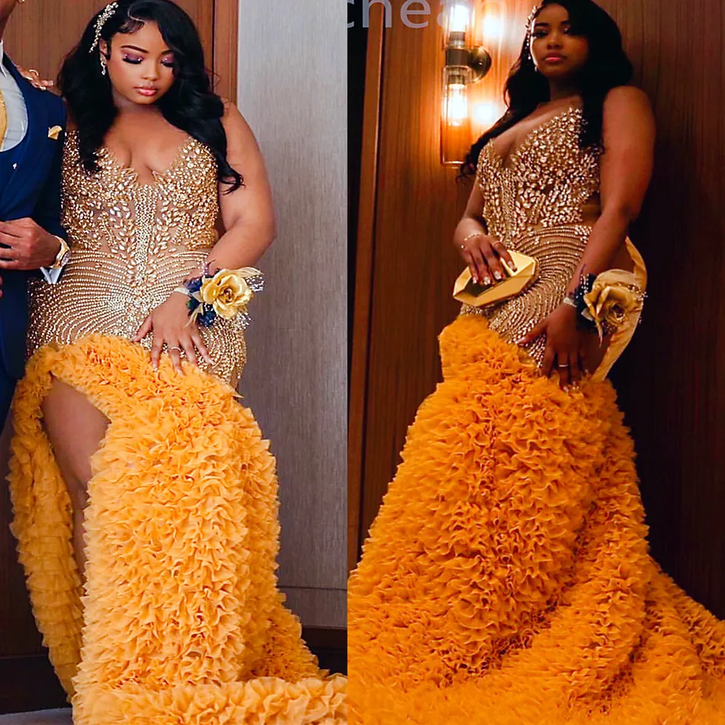 2024 Aso Ebi Illusion Gold Prom Dress Beaded Crystals Luxurious Evening Formal Party Second Reception 50th Birthday Engagement Gowns Dresses Robe De
