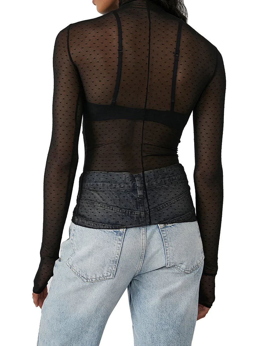 Swiss Dot Mesh Top: Sexy Transparent Long Sleeve Turtleneck Sheer