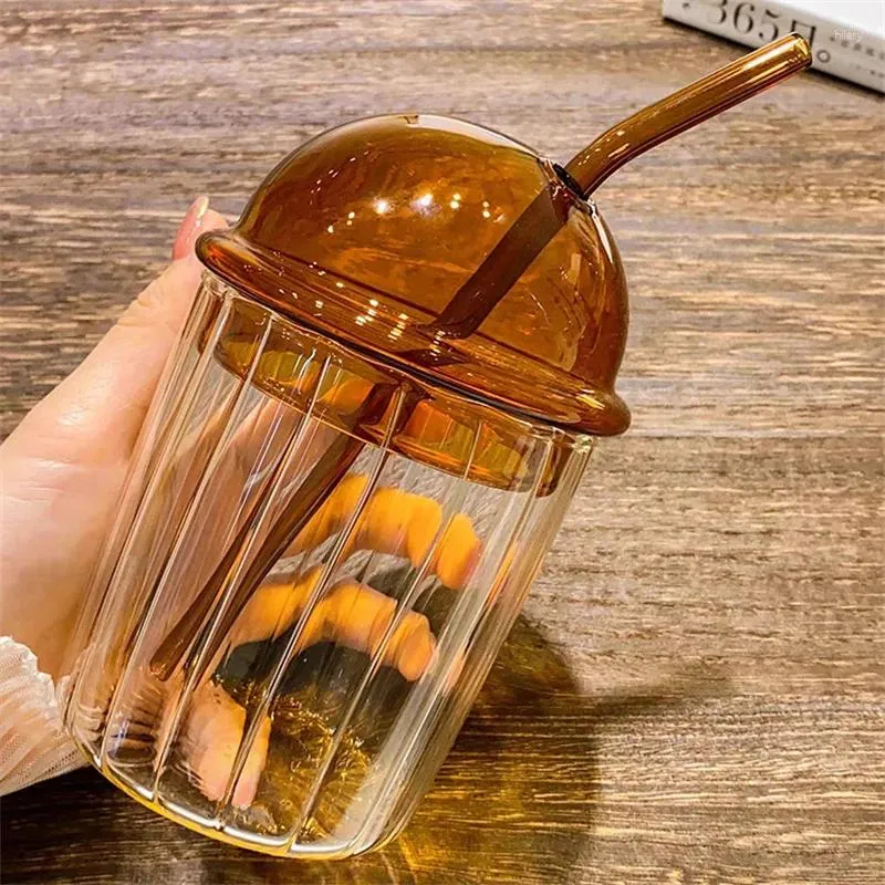 Muggar nordiska transparent enkel rand kaffeglas kopp med halmlock bubbla te iskall dricksdessert mocha koppar drinkware