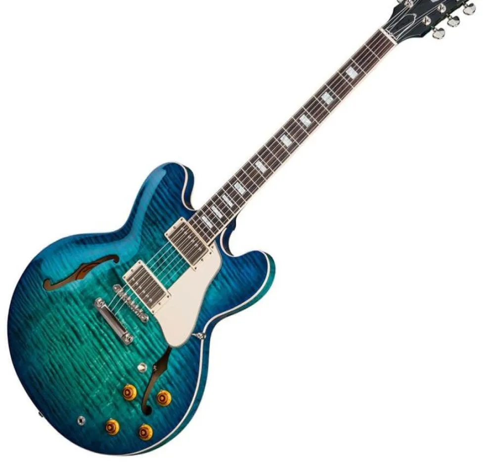 Memphis 335 Semi Hollow Figured Aquamarine Green Jazz Electric Guitar Flame Maple Top Side Back Little Pin Tone Pro Bridge B3183294