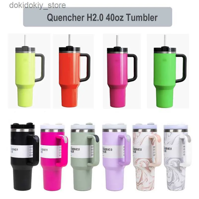 Tazze Nuovo Briht Lossy Color 40oz Quencher H2.0 Tumbler in acciaio inossidabile Travel Mu Mu con tazza di auto paglia a manico Lid L49