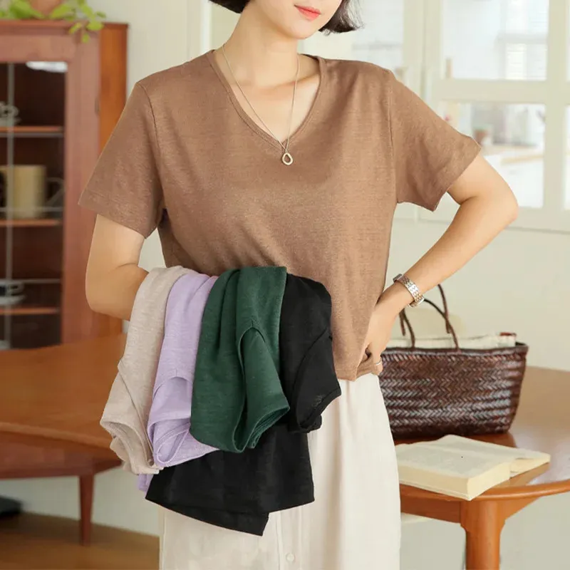 Kvinnor Thin Vneck Shortsleeved Tshirts Summer Simple Cotton and Linen Wind Loose Solid Color Slim Bottoming Tops 240409