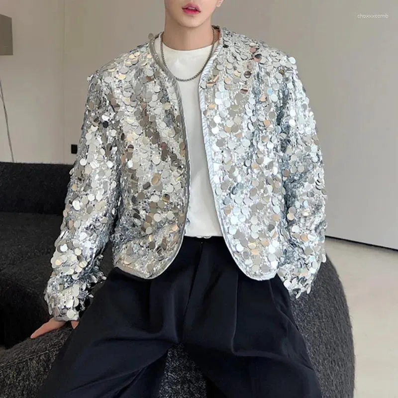 Men's Jackets Fashion Men Jacket Sequins Round Neck Long Sleeve Open Stitch Crop Coats Streetwear Korean Style Nightclub Shiny Casual