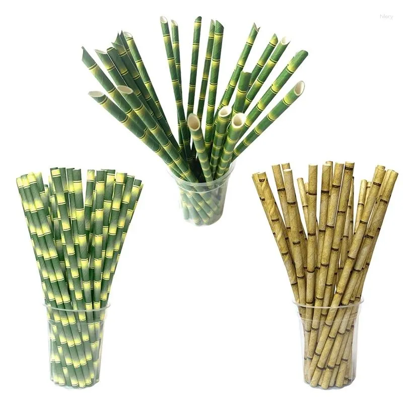 Copas descartáveis palhas de bambu em papel impressa para sucos Shakes Shakes Party Supplies