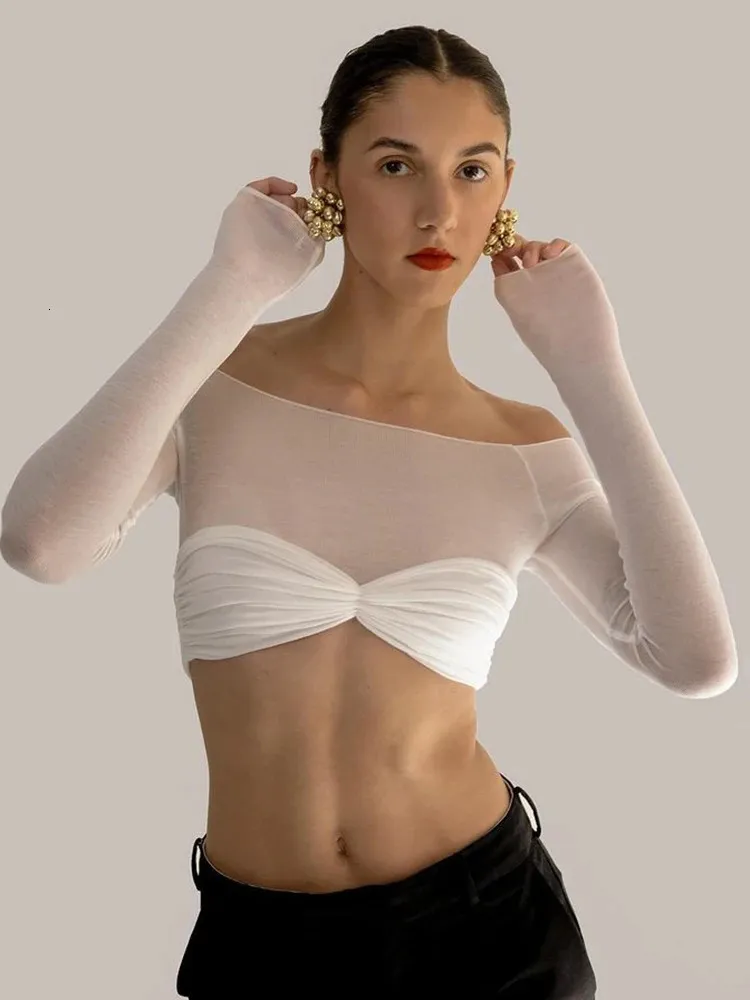 Mozision sehen durch Mesh Crop Top Women Pullovers trägerloser kurzer Strick-Kumpel Damen T-Shirt Sexy Off-Shoulder T-Shirt 240329