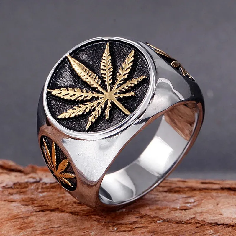 Motor Biker Maple Leaf Ring 14K Gold Men Boys Goud/Silver Color Signet Ring Cool Man Rock Punk Biker Ring