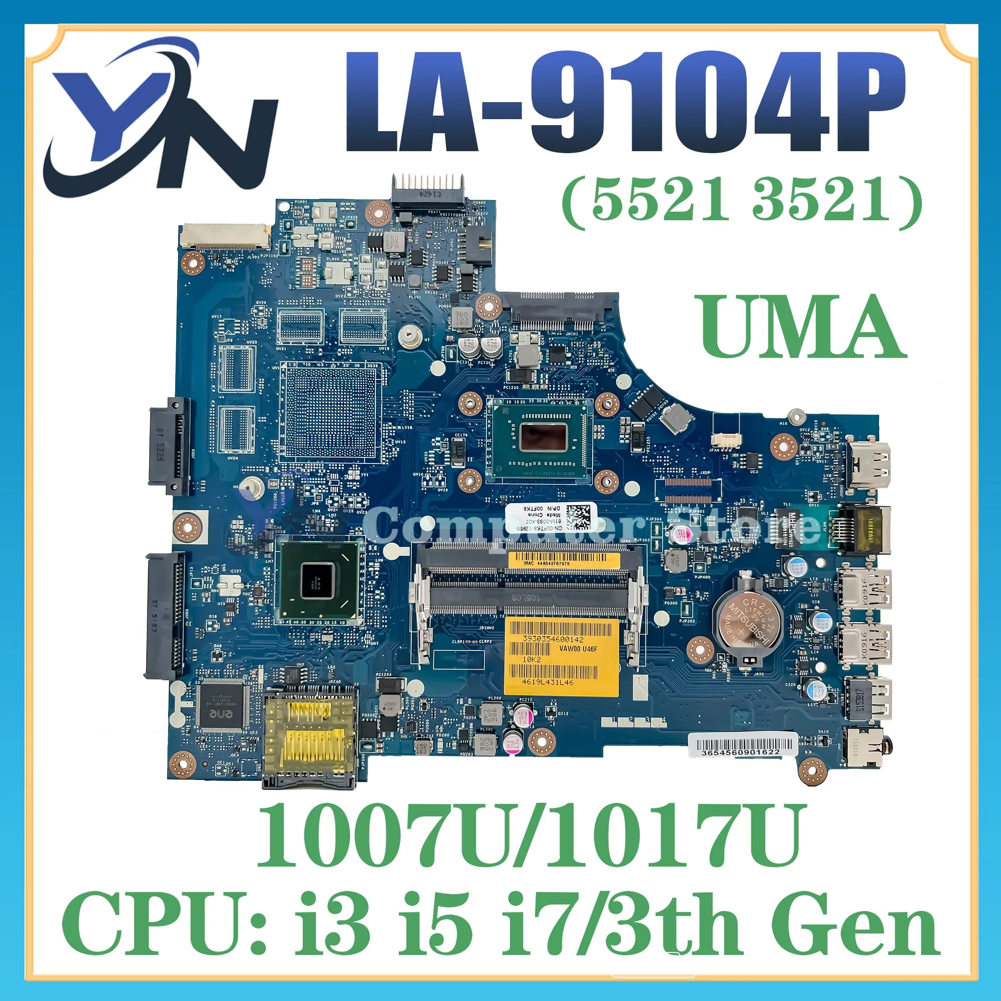 マザーボードLA9104Pデルインスピロン用メインボード15 3521 5521 6H8WV 06H8WV CN06H8WV 1007U/1017U I3 I5 I73th UMA付きマザーボード