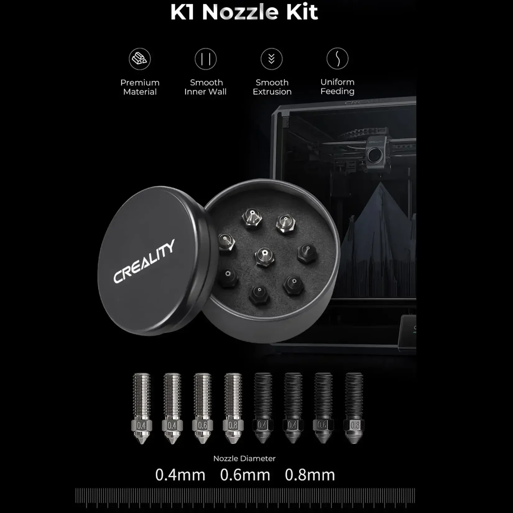 Creality 8pcs K1/K1 Max Nozzleet Kit Hardig Steel Copper Legering Mondstuk Hoge snelheidsstroom 0,4/0,6/0,8 mm Mondstukken voor K1/K1 Max/CR-M4