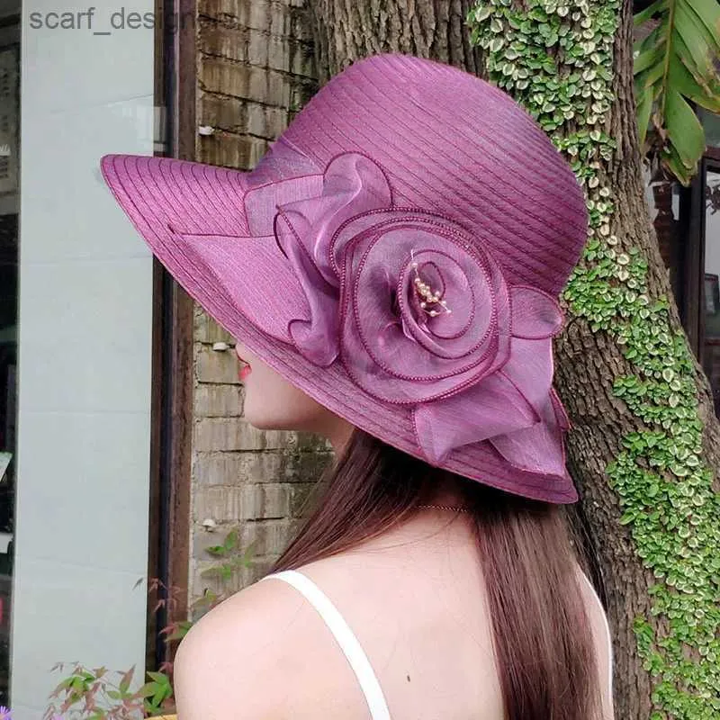 Geniş Memlu Şapkalar Kova Şapkaları Kova Şapkası Yaz Yeni Organza Çiçek Nefes Alabaş Havza Şapkası Koruma Güneş Koruyucu Şapka Kadınlar İçin Plaj Şapkası Flanging Kapağı Y240409