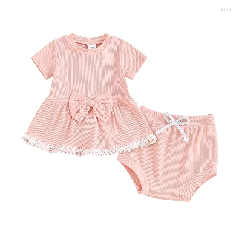 衣類セット幼児の女の赤ちゃんの夏の服ソリッドリブ付きニットニット半袖レーストリムボウノットチュニックシャツトップショーツセットかわいい2pcs衣装
