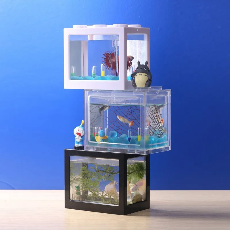 Akrylbyggnadsblock Fish Tank Betta Fighting Cylinder Stapelbar Creative Aquarium Seawe Landscape Box Desktop Ornaments