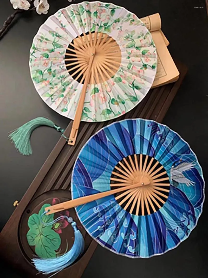 Figurines décoratives chinois style ancien portable bambou rond de forme rond fan de main fans pliable pour les dames d'été hanfu de danse décor